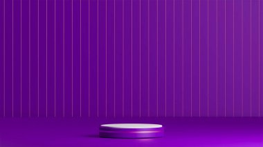 Koyu mor podyum, altın çizgili, 3D obje podyumu, koyu mor kürsü üzerine beyaz podyum, altın dikey sırık desenli koyu mor arkaplan