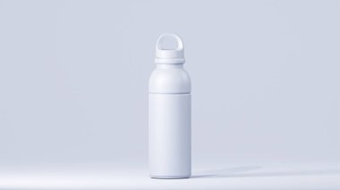 Modern tasarımı olan spor içeceği şişesi, yumuşak mavi kapaklı yumuşak mavi kapaklı, yumuşak mavi arka planda duruyor.