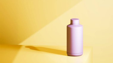 Lavanta renkli içecek şişesi yumuşak bir arka plana yerleştirilmiş, parlak renklerde fotojenik fotoğraf konsepti..