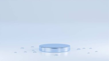 tropikal mavi renkli parlak podyum çevresindeki su damlalarıyla birlikte tropikal mavi arkaplan üzerine kurulmuş..