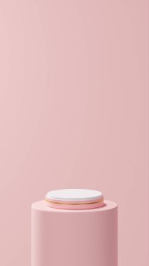 İzole edilmiş açık pembe podyum altın şeritli yer yuvarlak açık pembe tüp, açık pembe arkaplan.
