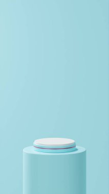 Mavi şeritli izole edilmiş cyan podyum yuvarlak cyan tüp üzerinde cyan arkaplan