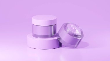 2 paket lavanta renkli krema şişeleri, podyumda esrar kremi şişeleri, açık tencere krema şişeleri.