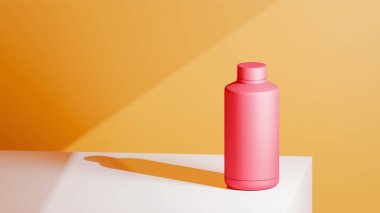 Beyaz bir masaya yerleştirilmiş parlak bir imparatorluk içki şişesi parlak turuncu arkaplan, parlak renklerle fütürist fotoğraf konsepti