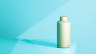 Kuzey Kutbu 'ndaki bir masanın üzerine yerleştirilmiş yeşil turkuaz renkli içki şişesi, parlak renklere sahip fütürist fotoğraf konsepti.