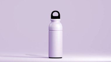 Modern tasarımı olan bardak altlığı şişesi, siyah kapaklı yumuşak lavanta bardak, yumuşak lavanta arka planda durur.