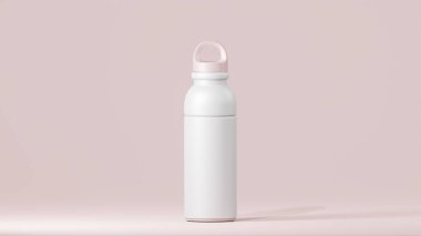 Modern tasarımlı içki şişesi, yumuşak pembe kapaklı beyaz bardak, yumuşak pembe arka planda durun..