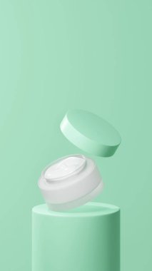 İzole edilmiş yüzen ot kremi, seladon tüpü podyumunda yüzen esrar kremi, beyaz krema.