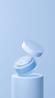 Bulanık mavi renkli tencere kremi tüp podyumda yüzen esrar kremi açık kapaklı yüzen ot kremi.