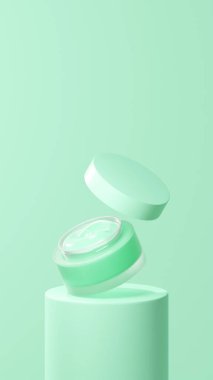 Aquamarine renginde izole edilmiş ot kremi, tüp podyumda yüzen esrar kremi, açık kapaklı yüzen ot kremi..