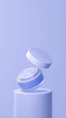 Mavi soğuk renkte izole edilmiş esrar kremi, tüp podyumda yüzen esrar kremi, açık kapaklı yüzen esrar kremi..