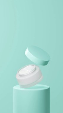 İzole edilmiş yüzen ot kremi, hafif elektrikli cyan tüp podyumunda yüzen ot kremi, beyaz krema.