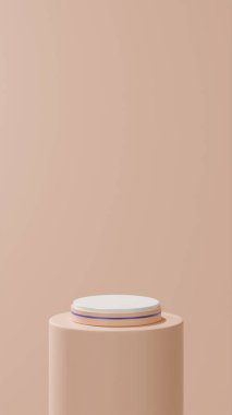 izole edilmiş pastel bronz podyum mavi şeritli yer yuvarlak pastel bronz tüp, pastel arkaplan.