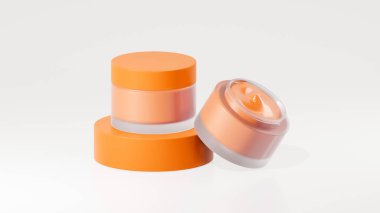 İki paket japon balığı renkli krema şişeleri, Japon balığı podyumunda esrar kremi şişeleri, beyaz arka planda izole edilmiş tencere kremi şişeleri..