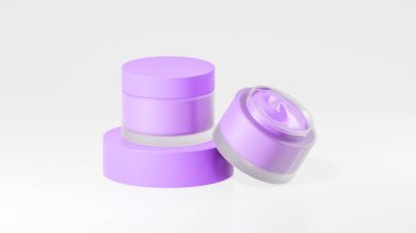 2 paket parlak leylak renkli esrar kremi şişeleri, parlak leylak podyumda esrar kremi şişeleri, beyaz arka planda izole edilmiş tencere kremi şişeleri.