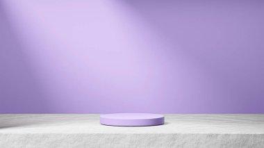 Arka planda güneş ışınları ışığı, parlak lavanta arkaplan, ürün değişimi olan çimento üzerine izole edilmiş parlak lavanta podyumu