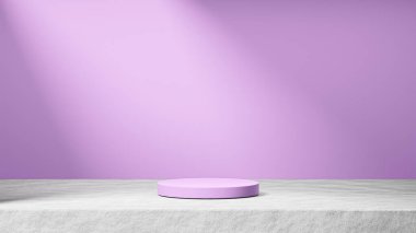 Çimentoda izole edilmiş parlak ube podyumu, arka planda güneş ışınları ışığı, parlak ube arka plan, ürün değişimi