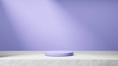 Çimento üzerine izole edilmiş mavi mor podyum. Arka planda güneş ışığı, mavi mor arka plan, ürün değişimi..