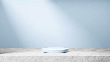 Arka planda güneş ışınları ışığı, arktik mavi arka plan, ürün değişimi olan çimento üzerinde izole edilmiş kuzey kutbu mavi podyumu.