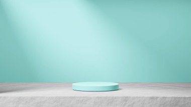 Çimento üzerinde izole edilmiş Alice mavi podyumu. Arka planda güneş ışınları ışığı, Alice mavi arkaplan, ürün değişimi..