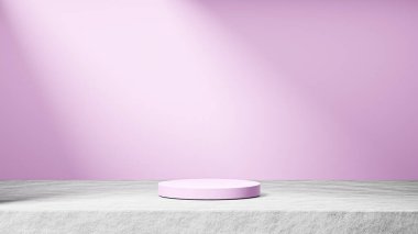 Çimento üzerine izole edilmiş parlak lavanta podyumu. Arka planda güneş ışınları ışığı, parlak lavanta arka plan, ürün değişimi.