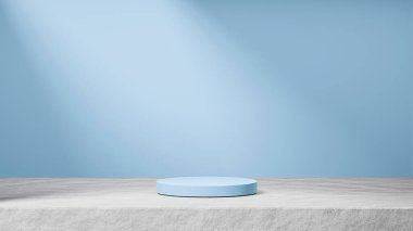 Çimento üzerine izole edilmiş porselen mavi podyum, arka planda güneş ışınları ışığı, porselen mavi arka plan, ürün değiştirme.
