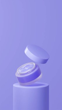 Derin bir menekşe kabı kremi, derin bir menekşe tübü podyumunda yüzen esrar kremi, derin menekşe kapaklı yüzen ot kremi.