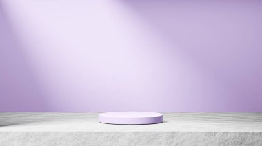 Arkaplanda güneş ışınları ışığı, leylak rengi arkaplan ve ürün değişimi olan çimento üzerinde izole ışık podyumu.
