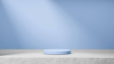 ... çimentoda soluk mavi bir çiçek podyumu. Arka planda güneş ışınları ışığı, soluk bir mısır çiçeği mavi arka planda, ürün değişimi..