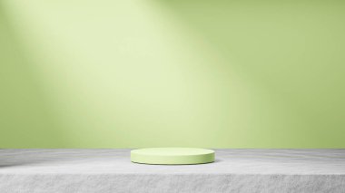 Çimentoda izole edilmiş pastel kireç podyumu, arka planda güneş ışınları ışığı, pastel kireç arka plan, ürün değiştirme.