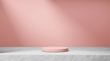 Arka planda güneş ışığı, pembe turuncu arka plan, ürün değişimi olan çimento üzerine izole edilmiş pembe turuncu podyum.