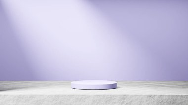 Çimentoda izole edilmiş yumuşak lavanta podyumu, arka planda güneş ışınları ışığı, yumuşak lavanta arkaplan, ürün değişimi