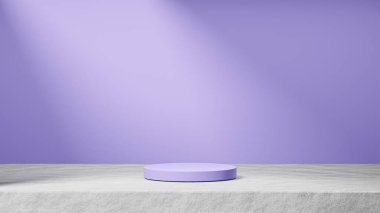 Çimentoda izole edilmiş yumuşak mor podyum. Arka planda güneş ışığı, yumuşak mor arka plan, ürün değişimi..