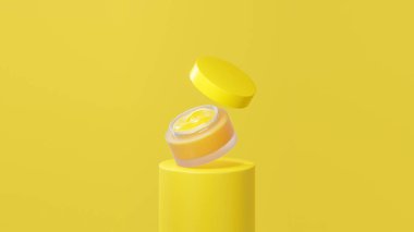 İzole edilmiş orta sarı esrar kremi, orta sarı tüp podyumda yüzen esrar kremi, orta sarı kapaklı, orta sarı arka planda yüzen esrar kremi.