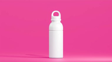 Modern tasarımı olan içki şişesi, beyaz bardak sıcak pembe arka planda duruyor..