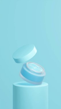 İzole edilmiş mavi cyan esrar kremi, mavi cyan tüp podyumda yüzen esrar kremi, mavi cyan kapaklı yüzen ot kremi, mavi cyan arkaplan