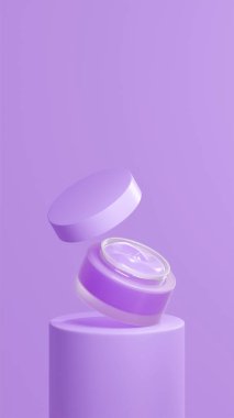 İzole edilmiş leylak rengi esrar kremi, leylak rengi tüp podyumda yüzen esrar kremi, leylak rengi kapaklı yüzen ot kremi, leylak rengi arka plan.