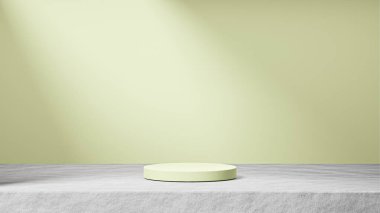 Çimentoda izole altın pırasa podyumu. Arka planda güneş ışığı, altın pırasa arka plan, ürün değişimi.