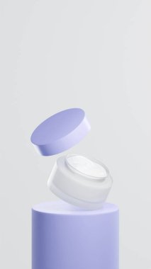 İzole edilmiş beyaz ot kremi, mavi lavanta tüpü podyumunda yüzen esrar kremi, mavi lavanta kapaklı yüzen ot kremi, beyaz arka plan.