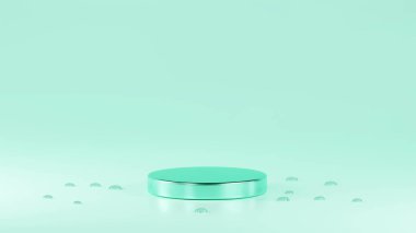 Aydınlatılmış açık renkli renkli parlak podyum açık renkli arkaplan üzerine kurulmuş ve etrafında su damlaları var.