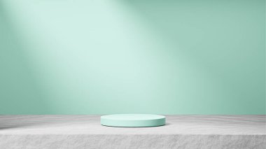 Çimentoda izole edilmiş nane şekeri podyumu, arka planda güneş ışınları ışığı, nane şekeri arkaplanı, ürün değişimi