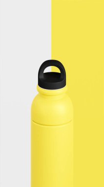 Ortadaki sarı ve beyaz arkaplan üzerine yerleştirilmiş dikey yuvarlak şişe izole fotoğraf