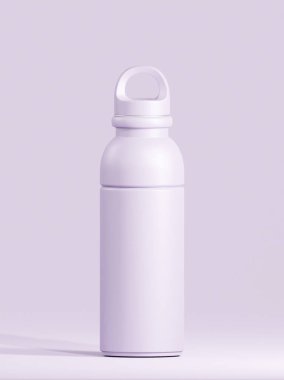 Modern tasarımı olan spor içeceği şişesi, lavanta kapaklı lavanta bardak, lavanta arka planının üzerinde dur.