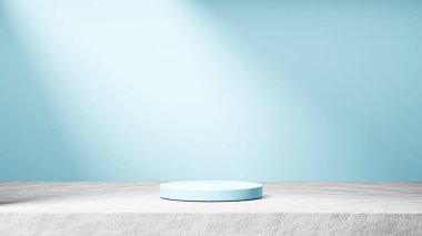 Çimentoda güneşli gökyüzü podyumu. Arka planda güneş ışığı, güneşli gökyüzü arkaplanı, ürün değişimi.