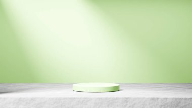 Çimentoda izole edilmiş taze naneli podyum, arka planda güneş ışınları ışığı, yumuşak taze nane arkaplanı, ürün değişimi