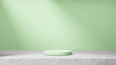 Çimentoda izole edilmiş nane şekeri podyumu, arka planda güneş ışınları ışığı, yumuşak nane arkaplanı, ürün değişimi.