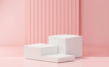 Beyaz renkte 3 küp, beyaz temel renk, soyulmuş yumuşak pembe arkaplan, yumuşak pembe arkaplan