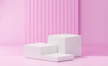 Beyaz renkte 3 küp, beyaz temel renk, soyulmuş şampuan pembe arka plan, şampuan pembe arka plan.