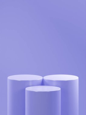 3 mavi mor podyum tüpü, 1 önde 2 tüpten daha aşağıda, mavi mor arka plan