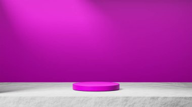 Arka planda güneş ışığı olan çimento üzerinde izole kırmızı podyum, kırmızı arka plan, ürün değiştirme.